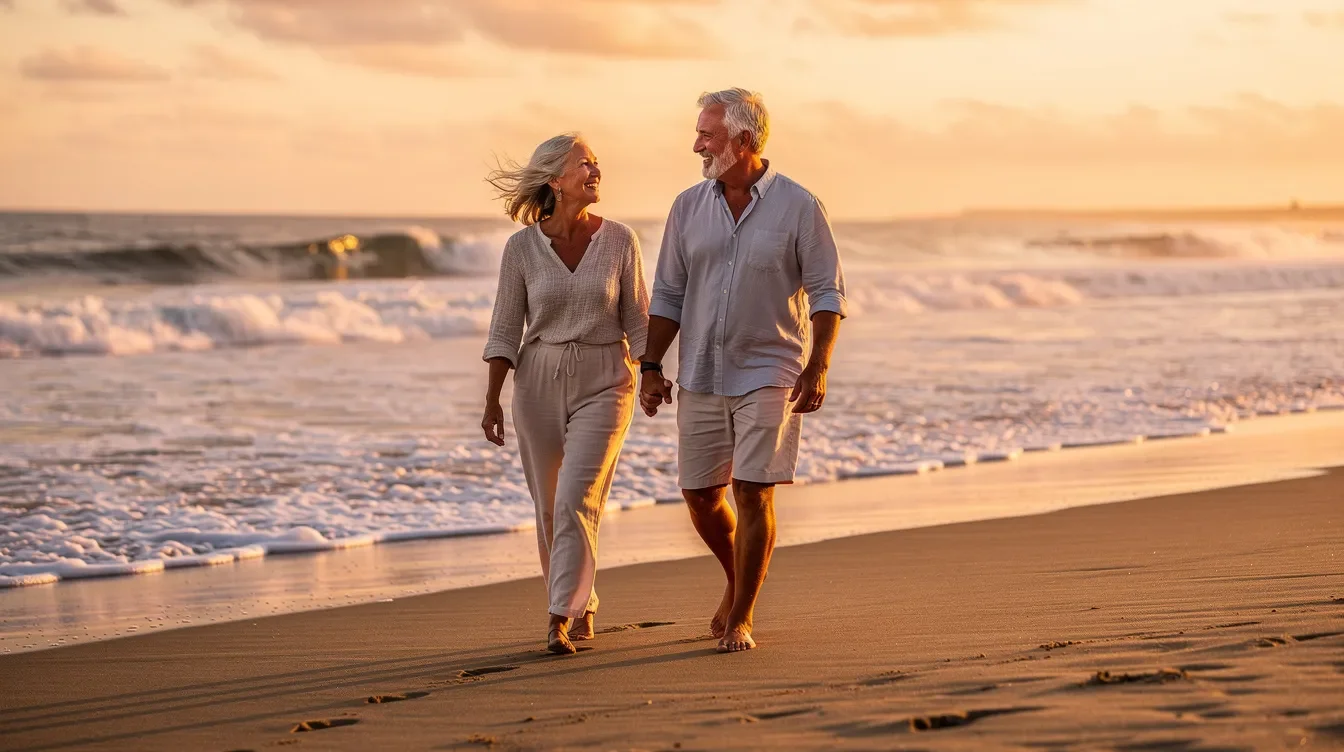 A couple in their early sixties strolls along a sandy beach during golden hour, with the gentle waves rolling in, symbolizing the peaceful moments often sought in retirement planning. As they enjoy this serene setting, thoughts of retirement goals and financial security may arise, reflecting on their journey toward a secure retirement.