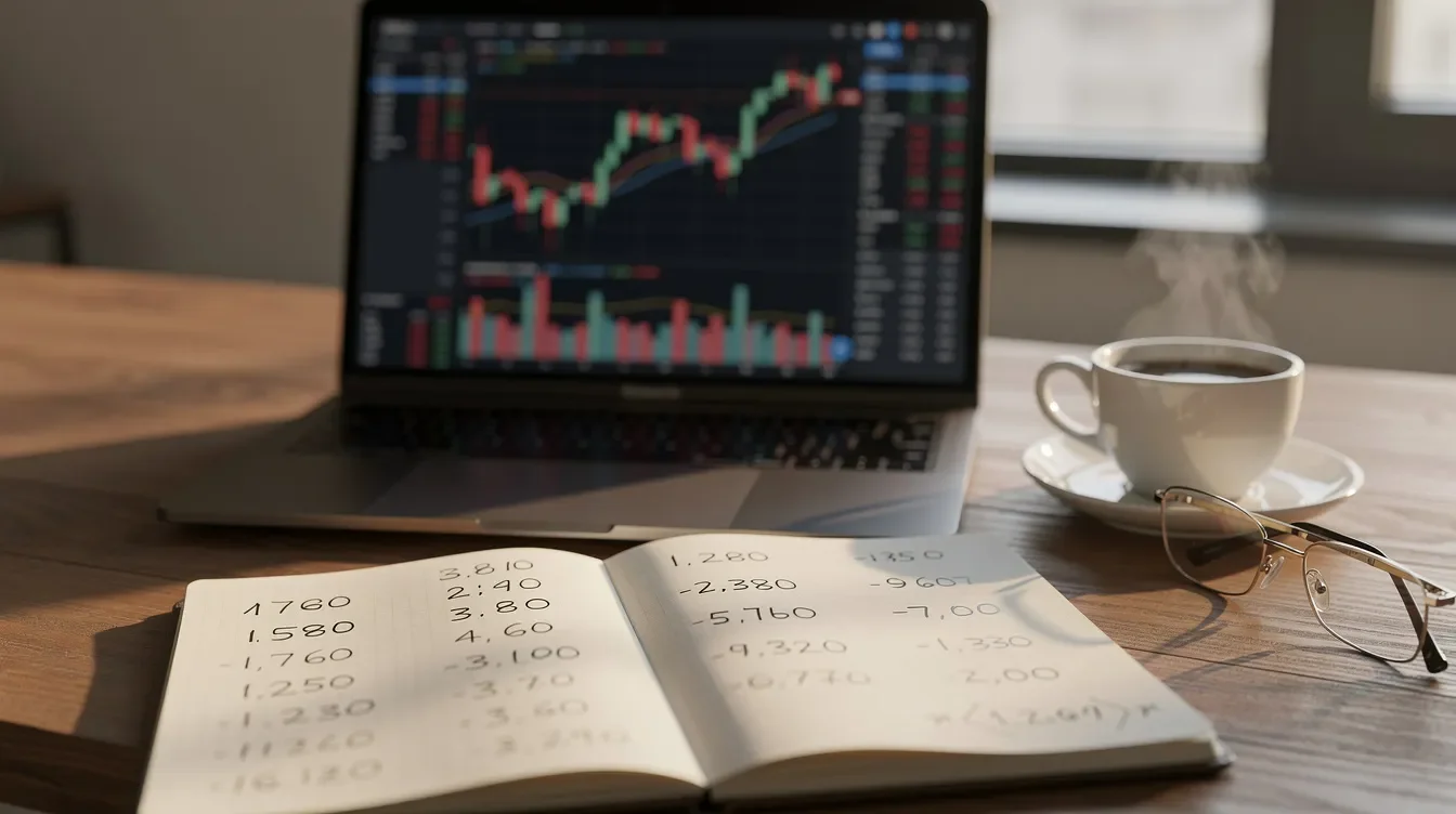 The image depicts a desk featuring a laptop displaying financial charts related to retirement planning, alongside a cup of coffee, reading glasses, and a notebook filled with handwritten calculations on retirement savings and investment strategies. This setup suggests a focus on managing retirement income and planning for healthcare costs as one considers the possibility to retire at 60.