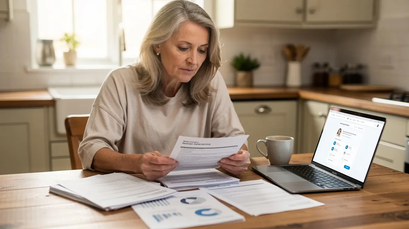 A mature woman is seated at a kitchen table, carefully reviewing insurance documents while a laptop is open beside her, suggesting she is engaged in financial planning for her retirement. This scene reflects her focus on understanding her retirement income options, including healthcare costs and social security benefits, as she prepares for a secure retirement.