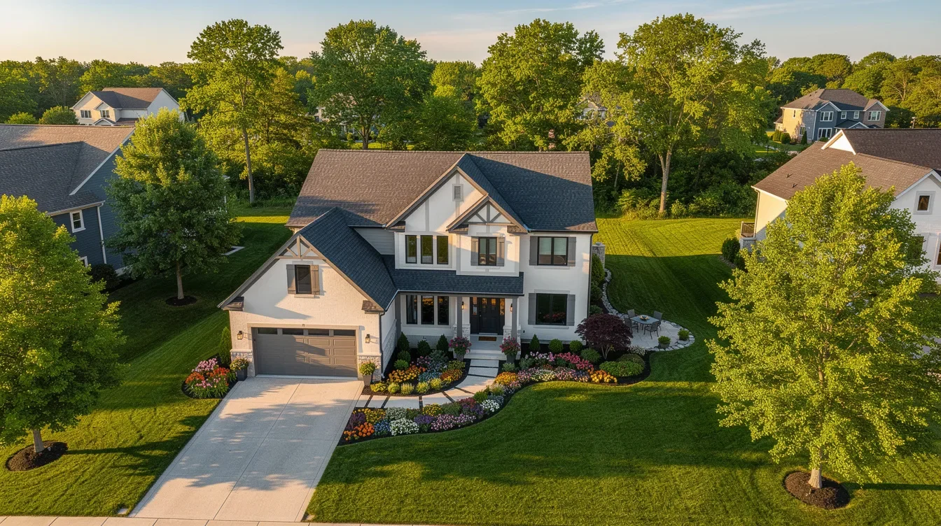 An aerial view showcases a charming suburban home with a meticulously maintained yard, bordered by mature trees that provide shade and beauty. This serene setting reflects a secure retirement lifestyle, where one can enjoy the tranquility of homeownership and the benefits of a well-planned retirement income strategy.