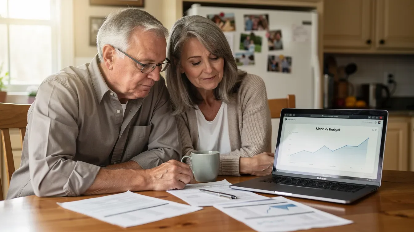 A couple in their early sixties sits at a kitchen table, reviewing financial paperwork with a laptop open beside them, likely discussing their retirement savings and the implications of Roth conversions on their modified adjusted gross income (MAGI). They appear focused as they navigate through their taxable income and consider the benefits of Roth IRA contributions for their tax planning.