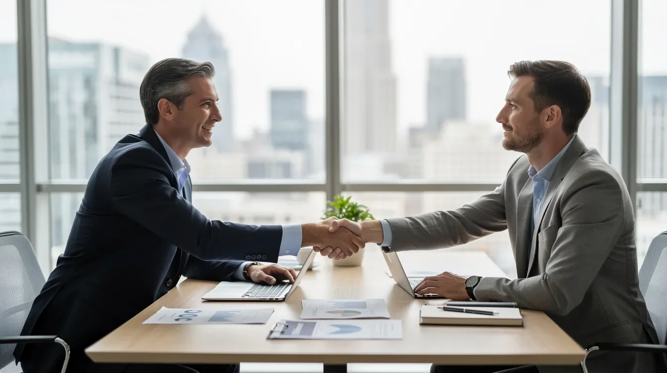 A financial planner and client are shaking hands across a sleek desk in a modern office, symbolizing a successful meeting about retirement planning and investment strategies. The scene conveys a sense of professionalism and trust, likely discussing topics such as Roth IRA contributions and the implications of modified adjusted gross income on tax benefits.