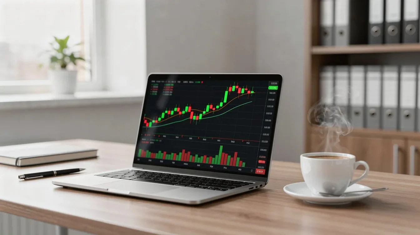 The image depicts a serene professional office setting featuring a laptop displaying financial charts alongside a steaming cup of coffee on a tidy desk. This environment suggests a focus on financial planning, potentially involving topics like Roth IRA contributions and the impact of adjusted gross income on tax benefits.