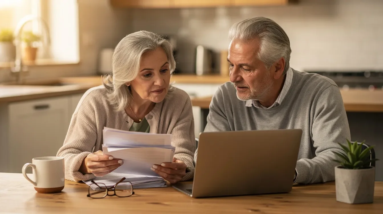 A couple in their early 60s is sitting at a kitchen table, reviewing paperwork and using a laptop to discuss their retirement plan, focusing on their current retirement savings and how much they need to retire comfortably. They appear engaged as they assess their financial goals and consider their retirement budget and potential expenses.