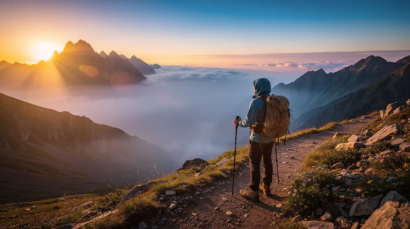 A person dressed in hiking gear stands on a rugged mountain trail, gazing out over a breathtaking valley bathed in the warm hues of sunrise. This scene evokes a sense of adventure and reflection, much like planning for retirement, where one considers their financial goals and savings needed to retire comfortably.