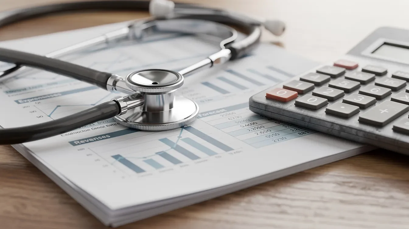 A stethoscope is placed on top of financial documents and a calculator on a desk, symbolizing the intersection of health care costs and retirement planning. This image reflects the importance of understanding your retirement savings and expenses to ensure a comfortable retirement lifestyle.