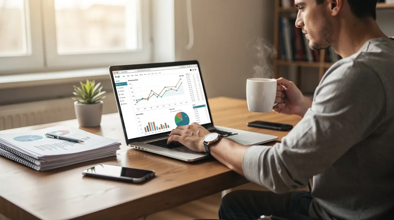 A person is seated at a desk in a bright home office, focused on their laptop while sipping coffee and reviewing financial charts related to retirement savings and expenses. The scene conveys a sense of planning for a comfortable retirement, emphasizing the importance of understanding retirement goals and income needs.