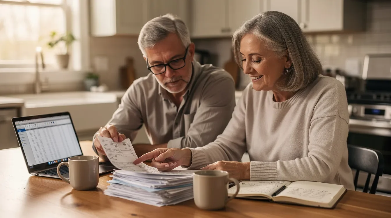 A couple in their early sixties is seated at a kitchen table, reviewing financial documents that likely include information on retirement plans and tax strategies like Roth conversions, while enjoying coffee from their mugs. The scene reflects their focus on achieving their retirement goals and managing their current retirement accounts effectively.