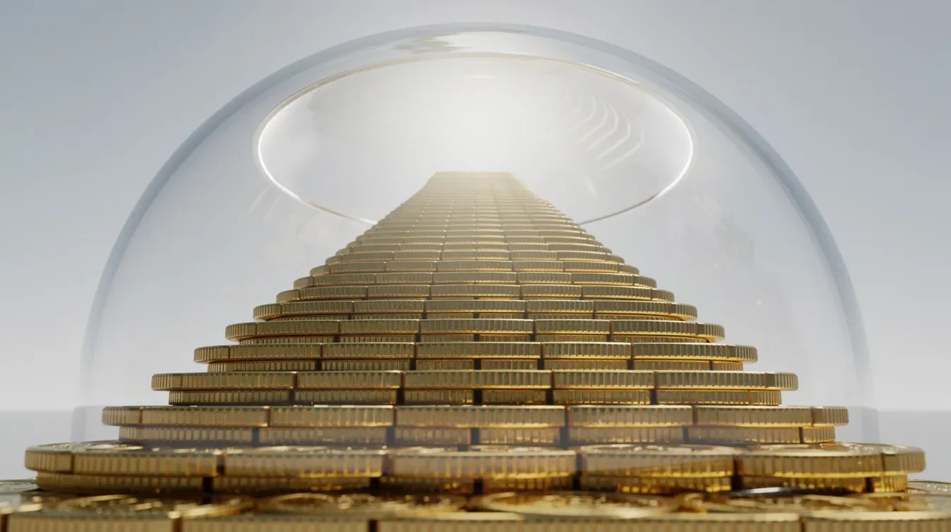 The image depicts a staircase made entirely of coins, symbolizing a path to financial growth, leading upward toward a protective dome above, which represents security in retirement plans. This visual metaphor suggests the importance of strategies like Roth conversions and tax-free accounts for achieving retirement goals and maximizing lifetime income.