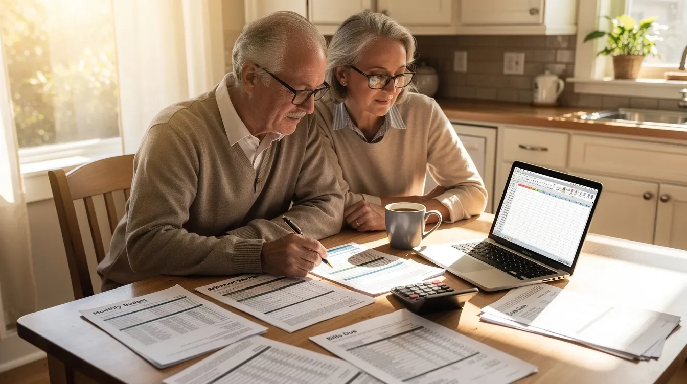 A retired couple is sitting together at a sunny kitchen table, reviewing financial paperwork related to their retirement income and current retirement accounts. They appear engaged in a discussion about strategies for managing their assets, including options like a Roth IRA and fixed indexed annuities, to achieve their retirement goals.