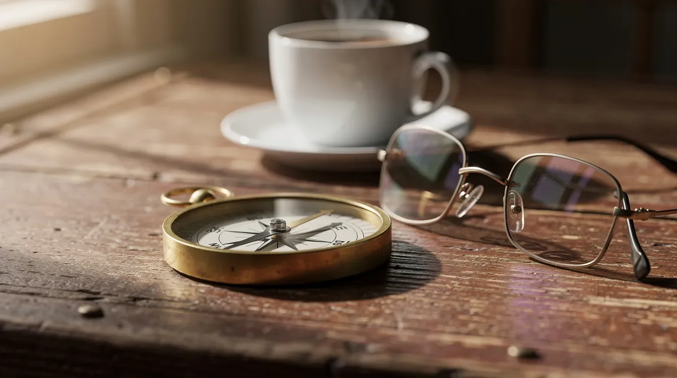 The image shows a compass placed on a wooden desk alongside reading glasses and a coffee cup, symbolizing the navigation of retirement goals and financial strategies like Roth IRA and tax-free growth. The scene conveys a sense of planning and contemplation for future income and investments.
