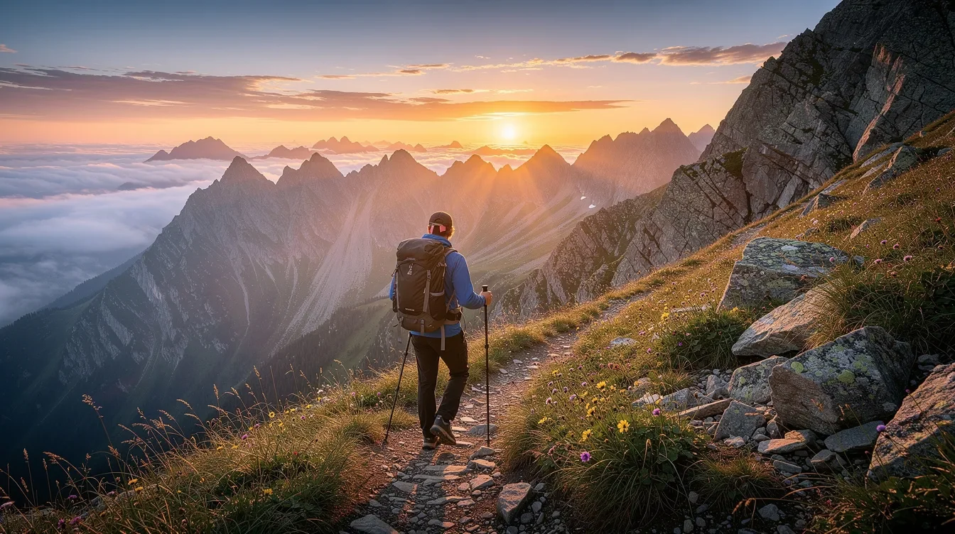 A person is hiking along a mountain trail at sunrise, gazing toward the horizon where the sky is painted in warm hues of orange and pink. This serene moment signifies a journey towards achieving retirement goals, much like planning for a tax-free income through strategies such as a Roth IRA.